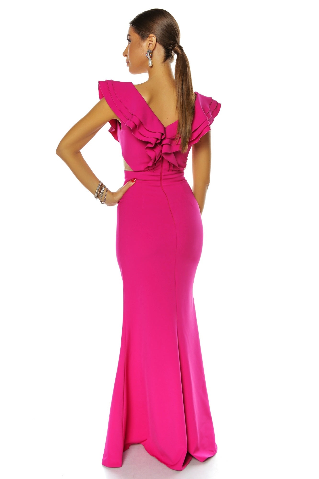 Rochie sirenǎ cu volane fuchsia