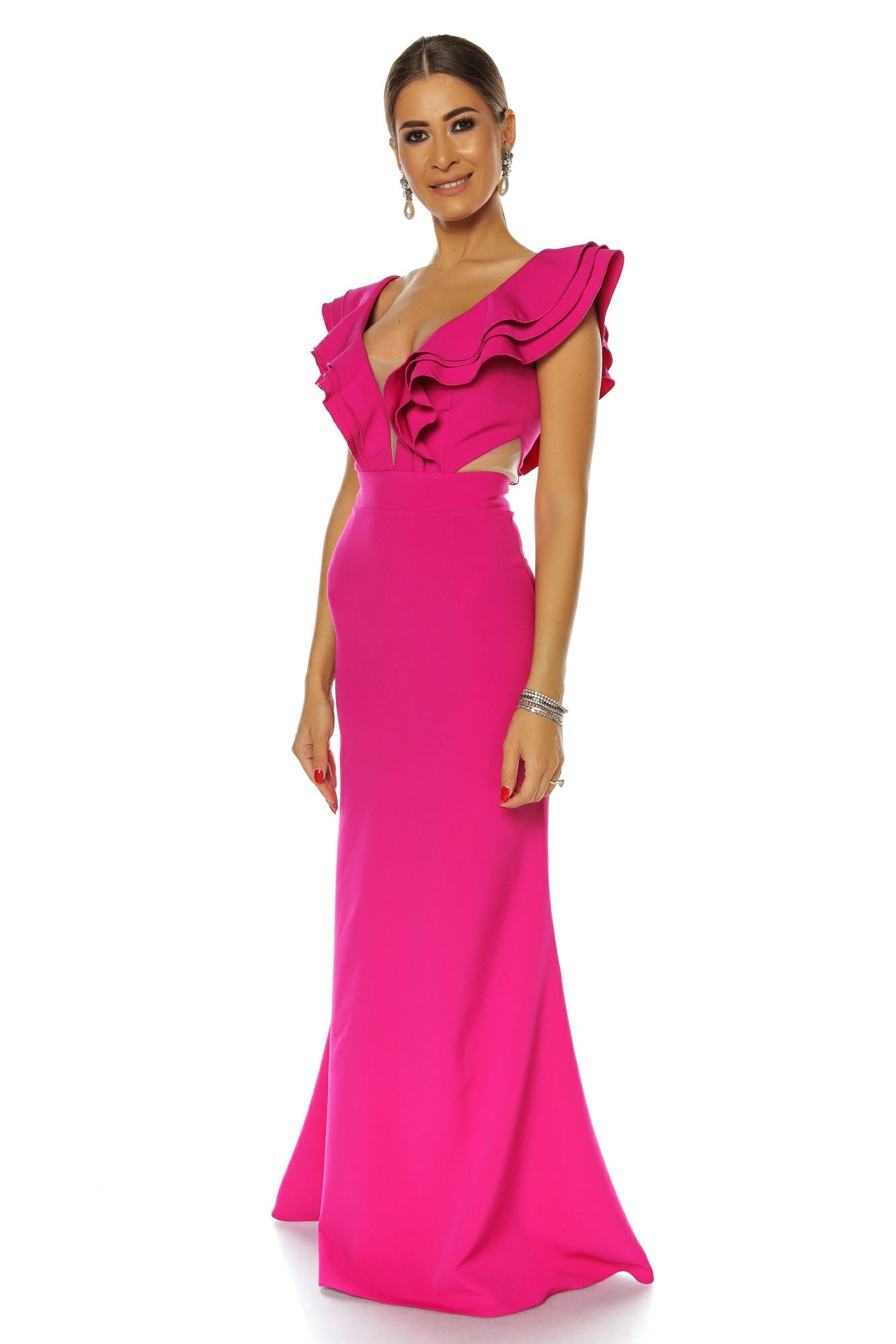 Rochie sirenǎ cu volane fuchsia